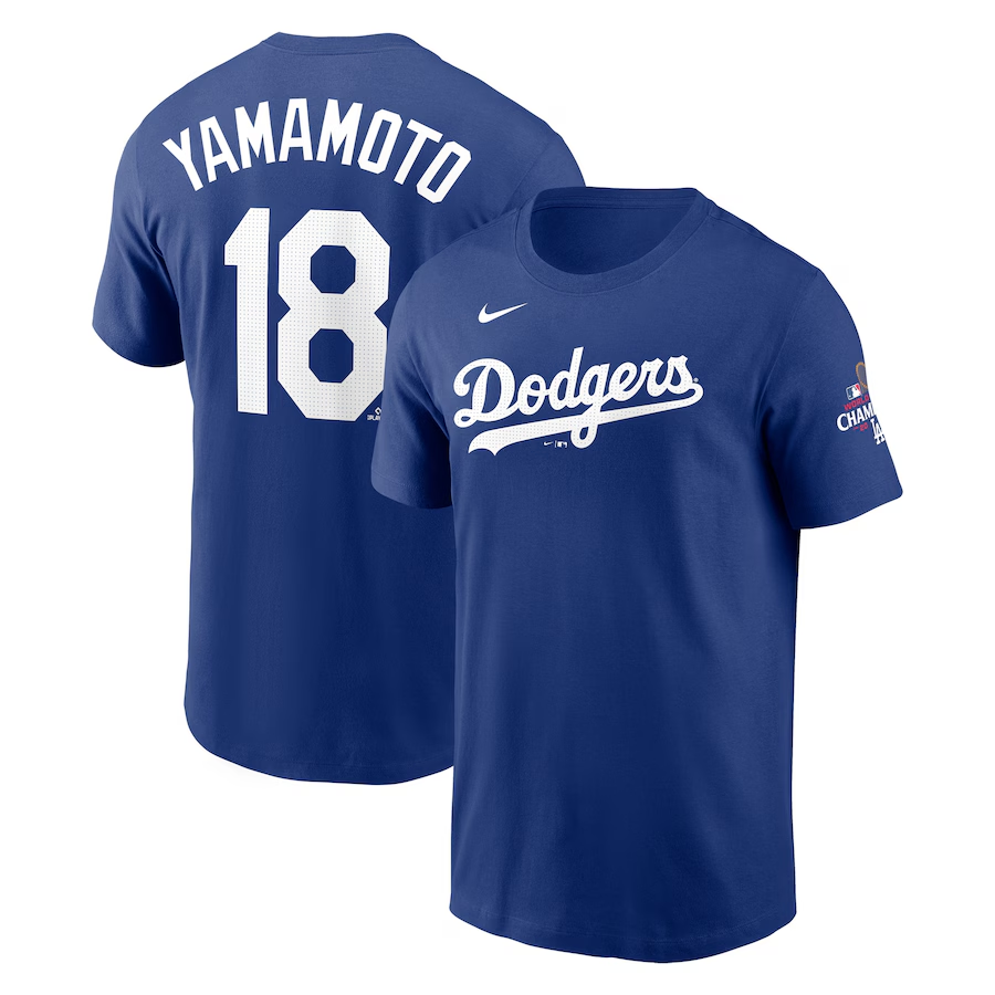 Men Los Angeles Dodgers #18 Yamamoto 2024 MLB World Series Champions blue white T shirts->mlb t-shirts->Sports Accessory